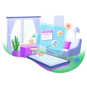 A modern pastel illustration depicting a digital assistant represented as a floating hologram. The hologram emits a soft blue glow and displays various icons such as a calendar, a weather symbol, and a music note. In the background, there is a cozy home setting featuring a stylish sofa, a coffee table, and a potted plant. Light filters through a window, creating a warm atmosphere in the room.