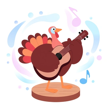 A turkey is standing on a small wooden stage, holding a guitar with its wings. The turkey has vibrant feathers in shades of brown, red, and orange. Musical notes are floating around in the air, illustrated in various pastel colors, creating a lively atmosphere. The stage has a simple backdrop with soft colors, enhancing the focus on the turkey. The floor of the stage is made of smooth wood, reflecting the light that subtly illuminates the turkey and the guitar.