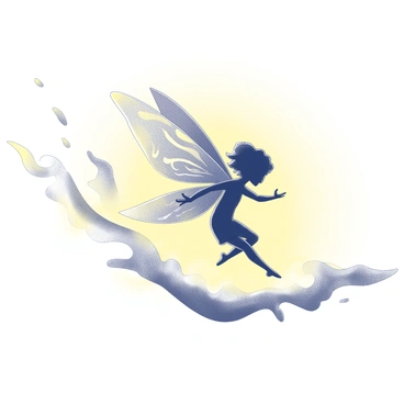 A fairy with delicate wings that resemble flames is flying gracefully. The wings are spread wide, showcasing intricate patterns that mimic the appearance of fire. The fairy's flowing hair billows behind her as she moves through the air. Below her, the sky is filled with the colors of a sunset, blending shades of warm yellow and deep black. The silhouette of the fairy stands out against the backdrop, creating a striking visual contrast as she glides through the scene.