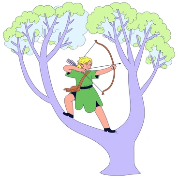 An elf archer with pointed ears and long flowing hair stands poised on a sturdy tree branch. The archer wears a green tunic and has a quiver filled with arrows slung over their shoulder. They hold a finely crafted bow, drawn back with an arrow ready to be released. The tree has thick, leafy branches that provide a lush canopy overhead, while the background features soft, dappled light filtering through the leaves, creating a tranquil setting.
