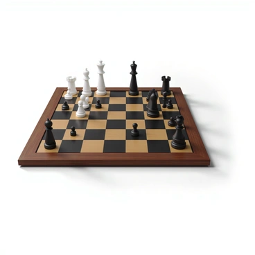 A wooden chessboard with alternating dark and light squares, showing a variety of chess pieces in different placements. The pieces include a white king, queen, rooks, knights, bishops, and pawns positioned as if they are in the middle of a game. Some pieces appear in motion, with a few knights mid-leap and pawns advancing forward. A faint glow emanates from certain pieces to highlight strategic insights and planning. Shadows are cast on the board, adding depth to the scene.