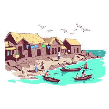 An ancient fishing village features a row of weathered stone houses with thatched roofs lining a rugged coastline. The houses are decorated with colorful fishing nets hanging to dry. In front of the houses, several villagers are engaged in fishing activities, some standing on the rocky shore while others are in small wooden boats casting their lines into the turquoise water. The scene captures the essence of daily life in this coastal community, with seagulls flying overhead and the distant horizon meeting the sky.