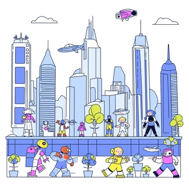 A detailed view of a futuristic cityscape filled with various types of robots. Tall buildings with sleek, metallic surfaces rise into the sky, reflecting sunlight. Some robots are walking along the streets, while others are flying above the city in small hovercrafts. Different styles of robots are visible, including humanoid figures and smaller, insect-like machines. The foreground features a park area with robotic trees and flower-shaped drones. The scene is set on an 18x24 illustration board, highlighting the vibrant colors of the machines and the shiny surfaces of the buildings.