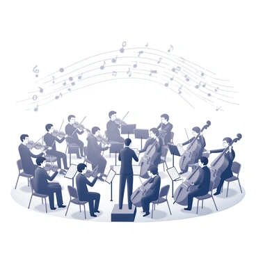 An orchestra is positioned on stage, with musicians seated at their respective instruments. The conductor stands at the front, guiding the performance with precise movements. A variety of instruments are visible, including violins, cellos, brass, and woodwinds. Each musician is focused on their part, with expressions of concentration. Surrounding the orchestra, a cascade of sound waves emanates from each instrument, depicted as elegant lines and curves flowing outward, representing the music being created. The overall scene captures the energy and coordination of the musical performance.