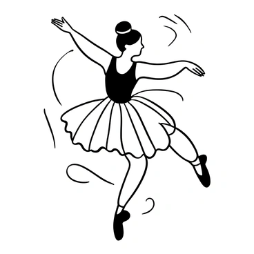 A ballerina in mid-pirouette, with her arms gracefully extended and her body arched in a fluid motion. The dancer wears a flowing tutu that enhances her movements, showcasing intricate layers. Her hair is styled in a neat bun, secured with a ribbon that trails behind her. Fine lines create the details of her slender form, and dynamic swirls around her emphasize the motion of the dance. The background is minimal, focusing attention on the dancer's elegant pose.