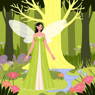 A regal fairy with delicate, translucent wings is standing in a lush forest. She is dressed in a gown made of green leaves and intertwined twigs, seamlessly blending into her natural surroundings. Her long hair cascades down her back, adorned with small flowers and shimmering dew drops. The fairy stands protectively in front of a glowing, ancient tree that emits a soft, magical light. Surrounding her are vibrant flowers in various colors and gentle streams of water flowing through the greenery, highlighting the beauty of the sacred part of the forest she guards.