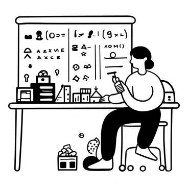 A person sitting at a table with a whiteboard in front of them, intensely focused on writing. The whiteboard is filled with various game formulas, character stats, and diagrams. There are colorful game pieces scattered around the table, and a stack of game boxes is piled in one corner. The person has a notebook and a pen in hand, with a few open snacks nearby. The atmosphere is energized, reflecting a lively game night.
