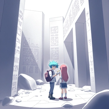 Two anime characters, one with spiky blue hair and the other with long flowing red hair, are standing in a vast ancient ruin. The walls around them are adorned with intricate and mysterious symbols, some resembling ancient hieroglyphs. The characters are dressed in adventurous attire, equipped with backpacks and tools to explore. The blue-haired character is examining a symbol closely, while the red-haired character looks around, taking in the surroundings with curiosity. Broken stone pillars and scattered debris are visible on the ground, hinting at the passage of time and forgotten history. Sunlight streams through gaps in the ceiling, illuminating the symbols and adding a sense of wonder to the scene.
