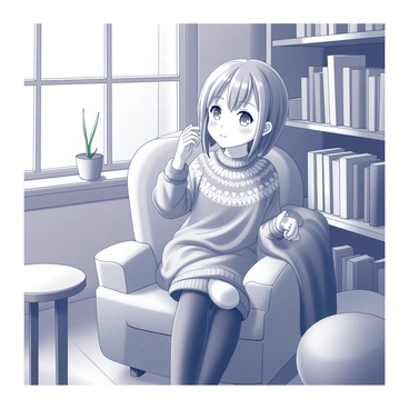 An anime character with large, expressive eyes and a gentle smile is sitting in a cozy reading nook. They are wearing oversized knitwear that drapes loosely over their frame, featuring intricate patterns. The character is nestled into a plush armchair surrounded by soft, fluffy cushions. A warm blanket is casually draped over one armrest. The nook is filled with shelves lined with books, and a small potted plant sits on a nearby table. Soft light filters in from a window, casting gentle shadows around the space, creating an inviting atmosphere for reading.