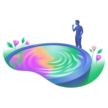 A tranquil pool reflecting vibrant colors of the surrounding environment. The surface of the water showcases swirling patterns that represent a person's inner self. A silhouette of a person stands beside the pool, gazing thoughtfully at the reflection. Lush greenery surrounds the pool, with colorful flowers peeking through. Soft ripples form in the water, creating dynamic movements in the reflection.