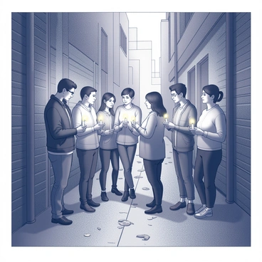 A small group of people gathered in a dimly lit urban alley. They are holding lit candles, casting soft light on their faces. Each person is dressed in casual attire, reflecting a varied demographic. The alley features worn brick walls and scattered debris, creating a sense of urban decay. The atmosphere is solemn as the individuals stand closely together, some with their heads bowed and others looking contemplatively at the flames. The flickering candlelight illuminates their expressions, highlighting moments of reflection and unity.