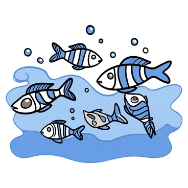 A group of zebrafish with stripes in shades of blue and silver swimming gracefully. The sunlight filters through the clear water, creating shimmering patterns on their scales. The background features soft, fluid waves that add a sense of movement, while bubbles rise gently around the fish, enhancing the vibrant aquatic scene.