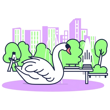 A swan is gliding smoothly across the surface of a fountain in a modern city park. The swan has a long neck and elegant feathers that flow gracefully as it moves. Water sprays up from the fountain, creating a mist around the swan. Surrounding the fountain, there are benches and well-manicured bushes. In the background, contemporary buildings rise against the sky, and a few people are leisurely walking along the pathways of the park.