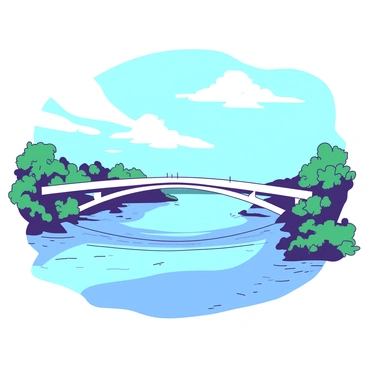 A white modern bridge with sleek lines spans across the wide expanse of the Nile River. The river reflects the bridge, with gentle ripples creating a shimmering effect on the water's surface. On either side of the bridge, there are lush green trees and vibrant plants lining the riverbank. The sky above is clear with a few fluffy white clouds scattered across it, providing a bright contrast to the scene.
