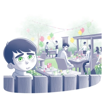 A person with "green eyes" is peeking over a wooden fence. The facial expression shows a hint of envy, with raised eyebrows and slightly parted lips. The figure is partially obscured, with their head and shoulders visible above the fence. In the background, a lively garden party is taking place, filled with people enjoying themselves. There are tables set with food and drinks, and decorations such as colorful balloons and streamers can be seen. The setting includes blooming flowers and greenery surrounding the party, creating a vibrant atmosphere.