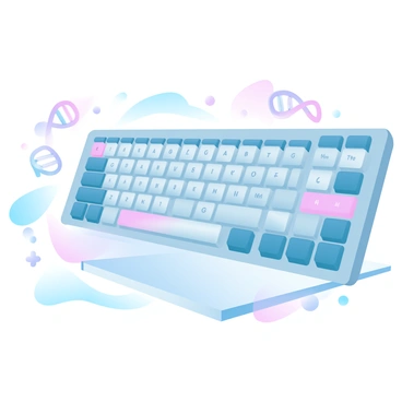 A computer keyboard is displayed, with each key featuring a unique representation of genetic letters such as "A," "T," "C," and "G," along with various alleles. The keys are designed in vibrant and contrasting colors to create a visually appealing layout. The keyboard is placed on a sleek, modern desk that has a subtle gradient pastel color background. Surrounding the keyboard are small icons symbolizing DNA strands and chromosomes, enhancing the genetic theme.