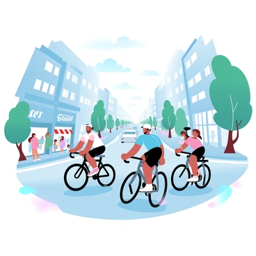 A group of cyclists is riding through a bustling city street filled with activity. The cyclists are dressed in colorful jerseys and helmets, some with water bottles attached to their bikes. Tall buildings line the street, and several pedestrians are walking along the sidewalks. Vibrant storefronts display various goods, and a few trees provide patches of greenery along the road. The sun casts soft shadows, adding depth to the scene. In the background, a few vehicles can be seen moving among the cyclists, contributing to the busy atmosphere of the city.