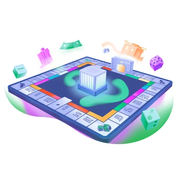 A futuristic monopoly board with a sleek, glossy surface featuring holographic properties that create a shimmering effect. The board is divided into traditional property spaces, each displaying vibrant, dynamic colors and animated holographic icons representing the properties for sale. Surrounding the board are colorful, three-dimensional tokens that include futuristic designs like a flying car, a robot, and a city skyline, all glowing softly. In the center of the board, a holographic bank displays animated currency symbols, and in the corners are digital dice, ready to be rolled.