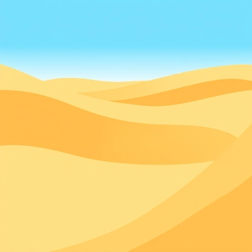 Curved wave lines in warm shades of gold and beige represent undulating sand dunes in the desert. The dunes rise and fall in smooth, flowing shapes, creating a rhythmic pattern across the landscape. The foreground features gentle slopes and valleys, while the background shows distant dunes fading into the horizon. Sunlight casts soft shadows along the curves, enhancing the texture of the sand. A clear blue sky provides a vibrant contrast above the golden landscape.