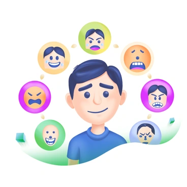 A character with a neutral expression stands at the center of the image. Surrounding the character are six smaller circles, each containing a different facial expression. The first circle features a joyful face with a wide smile and sparkling eyes. The second circle shows a sad face with downturned lips and glistening tears. The third circle contains an angry expression, with furrowed brows and clenched teeth. The fourth circle exhibits a surprised look, with raised eyebrows and wide-open eyes. The fifth circle displays a confused face, marked by a tilted head and puzzled eyes. The sixth circle shows a calm and serene expression, with closed eyes and a slight smile. Each facial expression is vividly colored and clearly delineated to illustrate the range of emotions effectively.