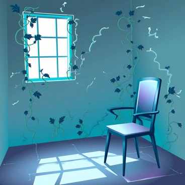 A room with cracked, peeling walls and dim lighting, where various green plants are creeping in through the fissures. The plants have long, twisting vines with dark green leaves, some of which appear to be partially dried and wilted. Shadows cast by the plants create intricate patterns on the floor. In the corner, a dusty, abandoned chair is partially obscured by the overgrown foliage. Sunlight filters through a partially open window, illuminating the scene and enhancing the eerie atmosphere. The air feels still, as if time has stopped in this overgrown space.