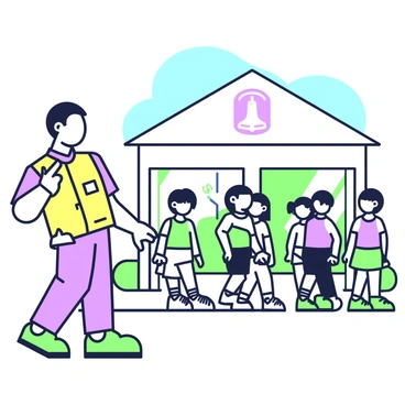 A safety officer is standing at the front of a group of students outside a school building during a fire drill. The officer is wearing a bright yellow safety vest and has a whistle around his neck. He is gesturing with his right hand, guiding the students to exit the building in an orderly manner. The students, a diverse group of boys and girls, are wearing uniforms and are lined up behind the officer. The school building is visible in the background, with a clear blue sky above. A fire alarm is ringing, indicated by a small bell icon at the top of the image.