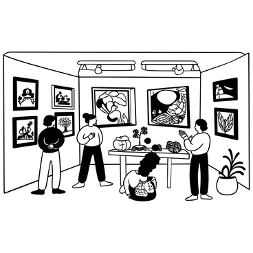 A small gallery in Beijing filled with various displays of traditional folk art. There are vibrant paintings depicting scenes of daily life and cultural festivals, each framed and hung neatly on the walls. Intricate crafts made from wood and fabric are arranged on shelves, showcasing detailed patterns and textures. A few visitors are seen examining the artworks, with one person pointing to a painting while another takes notes. The floor is made of polished wood, adding warmth to the space, and soft lighting highlights the artworks.