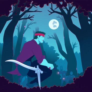 A muscular man with short green hair, wearing a bandana and a long coat, is stealthily moving through a dense forest filled with dark, twisted trees. He is crouched low to the ground, with a determined expression, glancing over his shoulder to check for enemies. In his right hand, he grips a curved sword, ready for action. Small beams of moonlight filter through the treetops, casting dramatic shadows on the ground. In the background, faint silhouettes of enemy guards are barely visible, unaware of his presence as he meticulously navigates through the underbrush on his rescue mission.