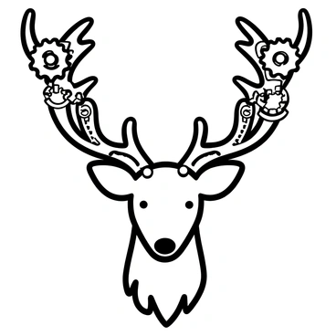 A detailed depiction of a deer's head, featuring intricate steampunk gears and cogs that form its antlers. The deer’s head is centered, showcasing the craftsmanship of the gears in a symmetrical arrangement. The antlers extend outward, with various sizes and shapes of cogs interlocking seamlessly. There are small mechanical components and pipes interwoven throughout the antlers, adding to the complexity of the design. The overall image emphasizes the combination of natural and mechanical elements, highlighting the contrast between the organic shape of the deer and the precise, structured appearance of the steampunk features.