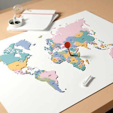 A detailed world map spread out on a wooden table, with various countries and cities clearly marked. A bright red dart, with a shiny metallic tip, is embedded in the map, piercing through a specific location. The area around the dart shows a vibrant array of colors representing different regions. Small travel accessories, such as a compass and a notebook, are placed next to the map, emphasizing the theme of travel planning and destinations. The scene is well-lit, casting soft shadows on the table surface.