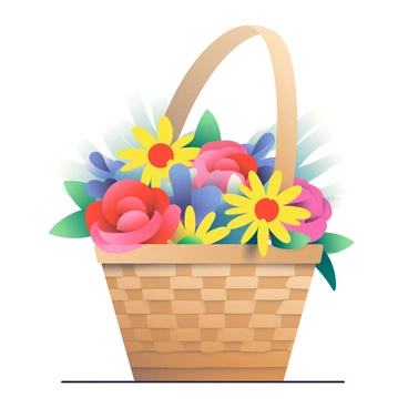 A wicker basket is placed on a wooden surface, filled with an assortment of colorful flowers including red roses, yellow daisies, and purple violets. The flowers are arranged in a way that showcases their vibrant hues and various shapes. Soft natural light gently illuminates the scene, creating slight shadows and enhancing the colors of the petals. Some green foliage is peeking out from the sides of the basket, adding contrast to the arrangement.