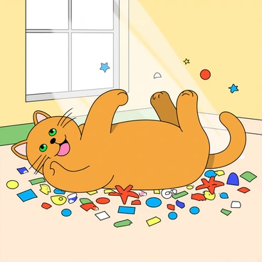 A fluffy orange cat with bright green eyes is joyfully rolling on its back in a pile of colorful confetti. The confetti consists of various shapes, including stars, circles, and squares, in vibrant colors such as red, blue, yellow, and green. The cat's paws are playfully swatting at the confetti, sending some flying into the air. The background is a simple light color that allows the colorful confetti to stand out. Sunlight streams in from a nearby window, illuminating the scene and casting soft shadows around the cat.