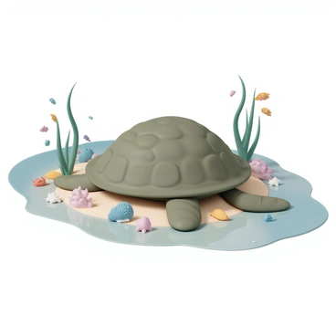 A large sea turtle, with a textured green-brown shell, is resting on the sandy bottom of a tidal pool. Its flippers are gently spread out beside its body. Surrounding the turtle, there are various small marine life forms, including colorful fish, crabs, and starfish. The tide pool is filled with clear water, allowing sunlight to filter down and illuminate the scene. Seaweed gently sways with the movement of the water, adding to the vibrant underwater environment.