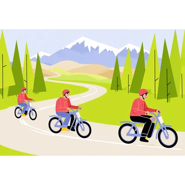 A group of motorcyclists in bright helmets and leather jackets riding on shiny motorcycles. They are traversing a winding road that cuts through diverse landscapes. One section of the road is lined with tall, green pine trees, while another area opens up to rolling hills under a clear blue sky. In the distance, a mountain range looms, partially covered with white snow at the peaks. The sun casts warm light on the scene, highlighting the riders as they enjoy their adventurous journey.