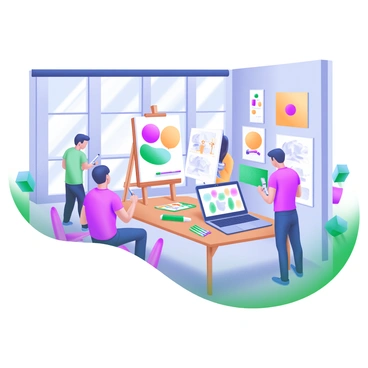 A vibrant London studio filled with artists collaborating on a large illustration project. The room is bright and spacious, with large windows allowing natural light to pour in. Various artists, both male and female, are engaged in their work, some sketching on large canvases while others discuss ideas at a wooden table covered in colorful markers and paint tubes. There are walls adorned with artwork and mood boards displaying inspiration. A large easel stands in the center of the room, showcasing a partially completed illustration featuring abstract shapes and vivid colors. An open laptop sits on the table, displaying digital sketches, while plants in the corners add a touch of greenery.