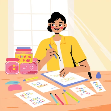 A creative scene of Frances designing colorful labels for her homemade jam jars.