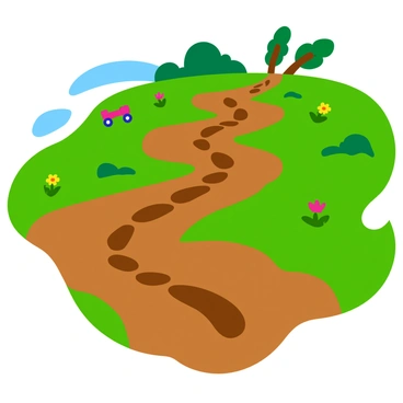 A series of tiny footprints in wet, brown mud, leading in a playful zigzag pattern. The mud is surrounded by patches of green grass and small flowers. The scene captures the vibrant colors of the park, with trees dotting the background and a few scattered toys nearby. The footprints are clearly defined and appear fresh, indicating recent movement.