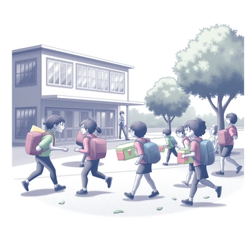 A busy school setting in September. Groups of children are arriving, some running and some walking, all carrying colorful backpacks. Each child has a lunchbox in hand, showcasing various shapes and designs. The school building is visible in the background, with large windows reflecting the daylight. Some children are chatting and laughing, while others are looking at their friends. The trees nearby are full of green leaves, and the ground is covered with fallen leaves, indicating the start of autumn. The atmosphere is lively and filled with the excitement of a new school year.