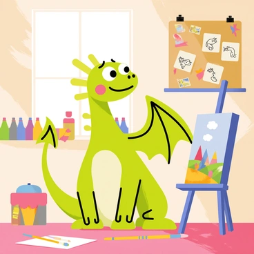 A cartoon dragon with bright green scales and oversized wings is sitting in a cozy art studio. The dragon has large, expressive eyes and a playful smile. Surrounding the dragon are various sketches pinned on a corkboard, featuring whimsical creatures and landscapes. Colorful paintings are hung on the walls, showcasing vibrant colors and imaginative scenes. The floor is scattered with brushes and paint tubes, and a small easel holds a half-finished painting of a fantastical landscape. Sunlight spills in through a window, illuminating the creative chaos of the studio.