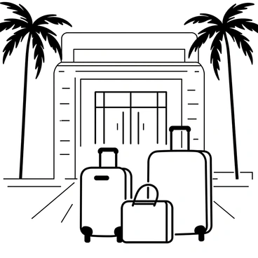 A stylish luggage set consisting of a large suitcase, a medium-sized suitcase, and a small carry-on bag, is displayed prominently on a marble entrance of a luxurious hotel. The suitcases have sleek designs, featuring smooth lines and polished handles. In the background, tall palm trees are swaying gently, framing the hotel entrance. The hotel facade is adorned with elegant architectural details, and the sunlight casts soft shadows on the ground, emphasizing the opulence of the scene.