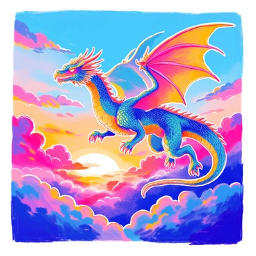 A majestic dragon with shimmering scales in hues of deep green and gold is soaring through the sky. The dragon has large, outstretched wings that catch the light of the setting sun. Fiery clouds in shades of orange, red, and purple surround the dragon, creating a dramatic backdrop. Below, the horizon is lit up with the warm glow of the sun, casting a radiant light across the scene. The dragon's eyes gleam with intensity as it glides gracefully through the vibrant sky.