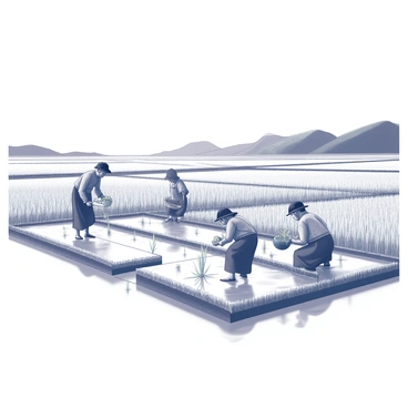 A vast rice field stretches out in the foreground, showing an intricate network of flooded paddies. In the center, a group of people is engaged in rice planting, bending over the shimmering water. They are wearing traditional dress that features distinct patterns and textures, reflecting their cultural heritage. A man stands nearby, holding a basket filled with young rice seedlings, while a woman kneels in the water, carefully planting. In the background, lush green hills rise against a clear sky, completing the pastoral landscape. The scene captures the essence of ancient agricultural practices.