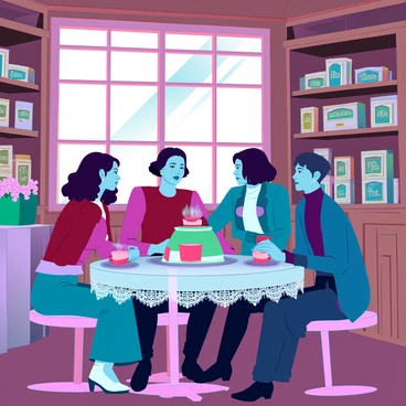 A quaint tea shop with wooden shelves lined with various tea tins. A large window allows warm sunlight to pour in, illuminating the rustic decor. Tables are adorned with delicate lace tablecloths and floral centerpieces. In the back, a small group of individuals sits at a round table, engaged in a serious discussion. They are dressed in vintage attire, with cups of steaming tea in front of them. A large teapot rests on the table, and the atmosphere is filled with an air of secrecy as they lean in closer, their expressions focused and intense.