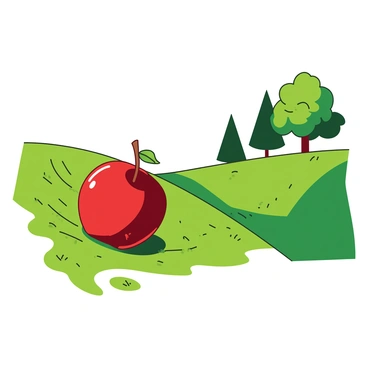 A red apple is rolling down a green hill, picking up speed as it bounces along the grassy surface. Sunlight glints off its shiny surface, reflecting the vibrant colors of the surroundings. As it rolls, small clumps of grass and light dirt scatter from its path. The hill slopes gently, creating a dynamic scene of motion and energy. In the background, there are a few trees standing tall, their green leaves rustling in the breeze.