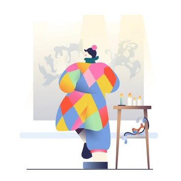 An arlequin dressed in a colorful, diamond-patterned costume is standing in front of a wall, creating shadow puppets. The arlequin has a white face and is wearing a black hat with a pom-pom on top. Flickering candlelight casts warm tones onto the wall, illuminating the intricate shadow shapes formed by the arlequin's hands. The shadows depict a variety of animals and figures, bringing the wall to life. There is a wooden table beside the arlequin, holding several unlit candles and a small decorative mask. The overall atmosphere is intimate and playful.