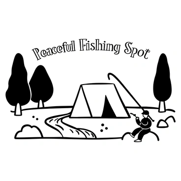 A tent pitched on the grassy bank of a river, with the water gently flowing beside it. There is a fisherman sitting on a rock nearby, holding a fishing rod. The scene includes tall trees along the riverbank and a few scattered pebbles on the ground. In the background, there are rippling waves creating small splashes against the rocks. "Peaceful Fishing Spot" is written in a decorative font above the tent.