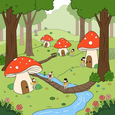 A tiny village nestled among tall green trees in a lush forest. The ground is covered with soft moss and colorful wildflowers. In the village, small mushroom houses with red caps and white spots stand scattered around. Tiny fairies with delicate wings flit about, some peeking out of the doors of their mushroom homes. The fairies have bright outfits made of leaves and petals. A gentle stream flows nearby, reflecting the sunlight that filters through the tree canopy above. Small wooden bridges connect the mushroom houses, and a few fairies are gathered, chatting and laughing together in this magical setting.