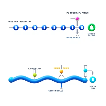 A peptide chain displayed in a linear form, showing individual amino acids connected by peptide bonds. The sequence highlighted in different colors to denote distinct amino acids. Arrows indicating the process of post-translational modifications. A second representation of the same peptide after modifications, featuring additional chemical groups attached to specific amino acids. The modified peptide should include visual markers such as phosphates, acetyl groups, or glycosylation patterns, clearly illustrating the changes made after the modifications. Labels and annotations describing the specific modifications, along with a clear distinction between the unmodified and modified forms of the peptide.