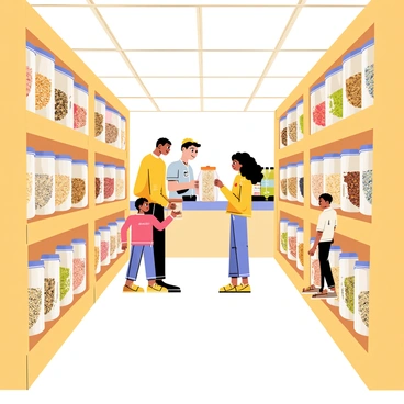 A grocery store aisle lined with wooden shelves displaying various bulk food dispensers. The dispensers are filled with colorful grains, nuts, and dried fruits, each labeled with clear tags. Several customers are present, one is a woman with curly hair, carefully filling a clear container with a mix of quinoa and lentils. Nearby, a child stands on tiptoe, reaching for a jar of granola. In the background, a friendly store employee is stocking more items on the shelves. The floor is clean and polished, and bright overhead lights illuminate the busy scene.