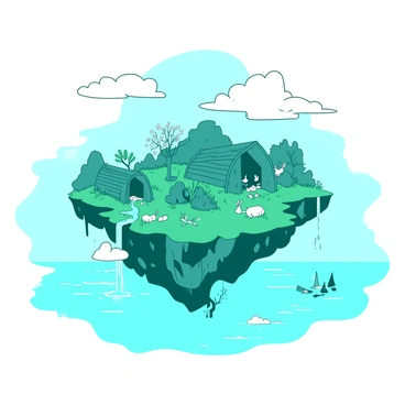 A teal floating island hovers above a calm sea, surrounded by soft white clouds. The island features small enclosures made of natural wood, designed for different animals. In the grassy areas, a variety of creatures such as rabbits, birds, and small deer roam freely. Flowering plants and shrubs are scattered across the landscape, providing additional shelter and food for the animals. A small stream cascades down one side of the island, glistening in the sunlight as it flows towards the edge. The atmosphere is peaceful, with animals happily interacting in their sanctuary.